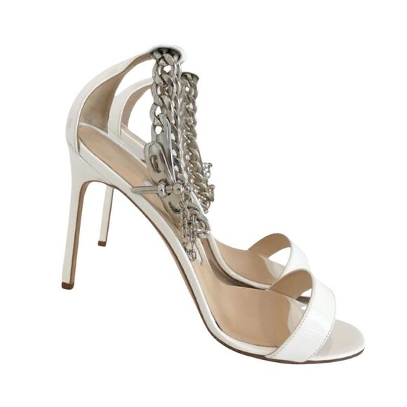 SOLD Manolo Blahnik Chaos Chain-Wrap White Patent Sandal Heels Size 39/9 - Picture 4 of 11